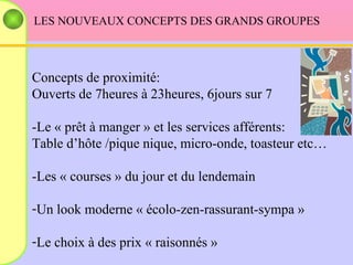 LES NOUVEAUX CONCEPTS DES GRANDS GROUPES Concepts de proximité: Ouverts de 7heures à 23heures, 6jours sur 7 -Le « prêt à manger » et les services afférents: Table d’hôte /pique nique, micro-onde, toasteur etc…  -Les « courses » du jour et du lendemain Un look moderne « écolo-zen-rassurant-sympa » Le choix à des prix « raisonnés » 