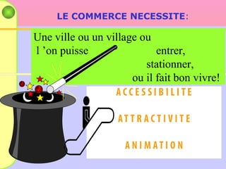 Une ville ou un village ou l ’on puisse  entrer, stationner, ou il fait bon vivre!  LE COMMERCE NECESSITE :  