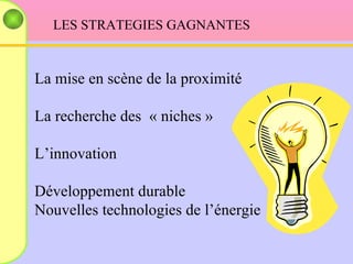 LES STRATEGIES GAGNANTES La mise en scène de la proximité La recherche des  « niches » L’innovation Développement durable Nouvelles technologies de l’énergie 