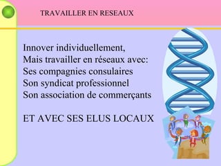 TRAVAILLER EN RESEAUX Innover individuellement, Mais travailler en réseaux avec: Ses compagnies consulaires Son syndicat professionnel Son association de commerçants ET AVEC SES ELUS LOCAUX 