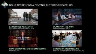 LA MÉTHODE KEN LOACH
DOCUMENTAIRE INTERACTIF BY ARTE
PLANET OF THE APPS
APP-CROCHET BY APPLE
-
HANS ZIMMER TEACHES FILM SCORING
MASTER CLASS
FUTURE OF STORYTELLING
FESTIVAL DE RÉINVENTION DU STORYTELLING
NOUS APPRENONS À DEVENIR AUTEURS/CRÉATEURS
 