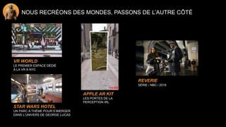 NOUS RECRÉONS DES MONDES, PASSONS DE L’AUTRE CÔTÉ
VR WORLD
LE PREMIER ESPACE DÉDIÉ
À LA VR À NYC
STAR WARS HOTEL
UN PARC À THÈME POUR S’IMERGER
DANS L’UNIVERS DE GEORGE LUCAS
APPLE AR KIT
LES PORTES DE LA
PERCEPTION IRL
REVERIE
SÉRIE / NBC / 2018
 
