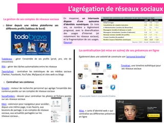 L’agrégation de réseaux sociaux
 La gestion de ses comptes de réseaux sociaux                 En moyenne, un internaute
                                                              dispose      d'une       quinzaine
 o Gérer depuis une même plateforme ses                       d'identités numériques. En trois
                                                              ans, ce nombre a légèrement
   différents profils (tableau de bord)
                                                              progressé, avec la diversification
                                                              des     usages    d'Internet    (et
                                                              notamment les réseaux sociaux),
                                                              et la fragmentation de ces usages.
                                                              (Source)


                                                                             La centralisation (et mise en scène) de ses présences en ligne
                                                                             Egalement dans une volonté de construire son ‘personal branding’
Todobravo : gérer l’ensemble de ses profils (privé, pro, site de
rencontres)

Ifttt : gérer des tâches automatisées entre les réseaux                                                              Timekiwi, une timeline esthétique pour
                                                                                                                     ses réseaux sociaux
TwentyFeet : centraliser les statistiques de ses médias sociaux
(Twitter, Facebook, YouTube, MySpace) et sites web ou blogs


 o Centraliser ses contenus

Greplin : moteur de recherche personnel qui agrège l’ensemble des
contenus postés sur ses comptes de réseaux sociaux
SocialFolders : dossier pour centraliser les photos et fichiers postés
sur ses réseaux sociaux
Kikin : extension pour navigateur pour accéder,
depuis une même page, à ses favoris, aux
boutons de partage, à ses comptes de réseaux                                 Aliaz, « carte d’identité web » qui
sociaux, aux actualités partagées sur les                                    centralise ses différentes présences
réseaux sociaux…                                                             en ligne
 