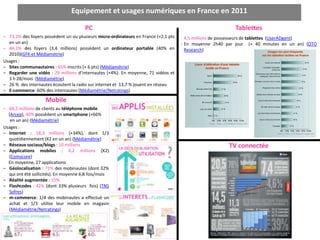 Equipement et usages numériques en France en 2011

                                       PC                                                                  Tablettes
– 73,2% des foyers possèdent un ou plusieurs micro-ordinateurs en France (+2,1 pts   - 4,5 millions de possesseurs de tablettes (UserADgent)
  en un an)                                                                          - En moyenne 2h40 par jour (+ 40 minutes en un an) (OTO
– 44,1% des foyers (3,4 millions) possèdent un ordinateur portable (40% en             Research)
  2010)(GFK et Médiamétrie)
Usages :
– Sites communautaires : 65% inscrits (+ 6 pts) (Médiamétrie)
– Regarder une vidéo : 29 millions d’internautes (+4%). En moyenne, 71 vidéos et
  3 h 28/mois (Médiamétrie)
– 26 % des internautes écoutent la radio sur internet et 13,7 % jouent en réseau
– E-commerce: 60% des internautes (Médiamétrie/Netratings)

                    Mobile
– 68,5 millions de clients au téléphone mobile
  (Arcep), 40% possèdent un smartphone (+66%
   en un an) (Médiamétrie)
Usages :
– Internet : 18,3 millions (+34%), dont 1/3
  quotidiennement (X2 en un an) (Médiamétrie)
– Réseaux sociaux/blogs : 10 millions                                                                   TV connectée
– Applications mobiles : 4,2 millions (X2)
  (Comscore)
  En moyenne, 27 applications
– Géolocalisation : 71% des mobinautes (dont 32%
  qui ont été sollicités). En moyenne 6,8 fois/mois
– Réalité augmentée : 15%
– Flashcodes : 42% (dont 33% plusieurs fois) (TNS
  Sofres)
– m-commerce: 1/4 des mobinautes a effectué un
  achat et 1/3 utilise leur mobile en magasin
  (Médiamétrie/Netratings)
 