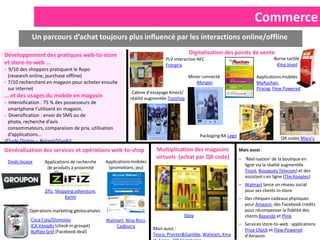 Commerce
            Un parcours d’achat toujours plus influencé par les interactions online/offline

Développement des pratiques web-to-store                                                 Digitalisation des points de vente
                                                                            PLV interactive NFC                                    Borne tactile
et store-to-web …                                                           Franprix                                                King Jouet
- 9/10 des shoppers pratiquent le Ropo
  (research online, purchase offline)                                                    Miroir connecté                   Applications mobiles
- 7/10 recherchent en magasin pour acheter ensuite                                           Morgan                        MyAuchan,
  sur internet                                                                                                             Prixing, Flow Powered
                                                             Cabine d’essayage Kinect/
… et des usages du mobile en magasin                        réalité augmentée Topshop
- Intensification : 75 % des possesseurs de
  smartphone l’utilisent en magasin.
- Diversification : envoi de SMS ou de
  photo, recherche d’avis
  consommateurs, comparaison de prix, utilisation
  d’applications…                                                                             Packaging RA Lego
                                                                                                                                       QR codes Macy’s
(Étude Digitas – Reload/VivaKi)
Généralisation des services et opérations web-to-shop                   Multiplication des magasins               Mais aussi :
                                                                        virtuels (achat par QR code)              – ‘Réel-isation’ de la boutique en
 Deals locaux     Applications de recherche     Applications mobiles
                                                                                                                    ligne via la réalité augmentée
                   de produits à proximité       (promotions, jeu)
                                                                                                                    Tissot, Bouygues Telecom) et des
                                                                                                                    assistant s en ligne (The Kooples)
                                                                                                                  – Walmart lance un réseau social
                  Zifiz, Shopping adventure,                                                                        pour ses clients in-store
                             Kaniti                                                                               – Des chèques-cadeaux physiques
                                                                                                                    pour Amazon, des Facebook credits
           Opérations marketing géolocalisées                                                                       pour récompenser la fidélité des
                                                                                     Ebay                           clients Bazando et Plink
            Coca Cola/Dismoioù                  Walmart, Nina Ricci,
            ICA Vanadis (check-in groupé)           Cadburry                                                      – Services store-to-web : applications
                                                                       Mais aussi :                                 Price Check et Flow Powered
            Buffalo Grill (Facebook deal)
                                                                       Tesco, Procter&Gamble, Walmart, Kma          d’Amazon
 
