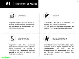 CONTENU DESIGN
ERGONOMIE DEVELOPPEMENT
Adapter le contenu pour une lecture en
mobilité, en mouvement, qui demande
plus de rapidité et de simplicité, sans
éléments perturbateurs.
L’ergonomie doit être totalement
repensée sur mobile et sur les différents
objets connectés. Elle propose à
l’utilisateur une « expérience interface
friendly » où seul le contenu qui
l’intéresse est présent.
La mobilité a fait de la « simplicité » le
nouveau mot d’ordre du webdesign.
Les interfaces sont épurées et permettent au
contenu d’être compréhensible rapidement.
L’évolution constante des mobiles et des objets
connectés aura un impact significatif sur les
comportements, et donc, sur le
développement des applications, sites, etc.
qui devront prendre en compte ces
changements.
12
ÉVOLUTION DU MOBILE#1
 
