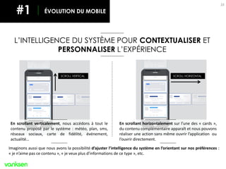 16
ÉVOLUTION DU MOBILE#1
SCROLL HORIZONTAL
En scrollant horizontalement sur l’une des « cards »,
du contenu complémentaire apparaît et nous pouvons
réaliser une action sans même ouvrir l’application ou
l’ouvrir directement.
SCROLL VERTICAL
En scrollant verticalement, nous accédons à tout le
contenu proposé par le système : météo, plan, sms,
réseaux sociaux, carte de fidélité, événement,
actualité…
Imaginons aussi que nous avons la possibilité d’ajuster l’intelligence du système en l’orientant sur nos préférences :
« je n’aime pas ce contenu », « je veux plus d’informations de ce type », etc.
L’INTELLIGENCE DU SYSTÈME POUR CONTEXTUALISER ET
PERSONNALISER L’EXPÉRIENCE
 