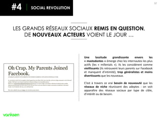 32
SOCIAL REVOLUTION#4
Une lassitude grandissante envers les
« mastodontes » émerge chez les internautes les plus
actifs (les « millenials »). Ils les considèrent comme
vieillissants (ils retrouvent leurs parents sur Facebook
et manquent d’intimité), trop généralistes et moins
divertissants que les nouveaux.
C’est à travers ce vrai besoin de nouveauté que les
réseaux de niche réunissent des adeptes : on voit
apparaître des réseaux sociaux par type de cible,
d’intérêt ou de besoin.
LES GRANDS RÉSEAUX SOCIAUX REMIS EN QUESTION,
DE NOUVEAUX ACTEURS VOIENT LE JOUR …
 