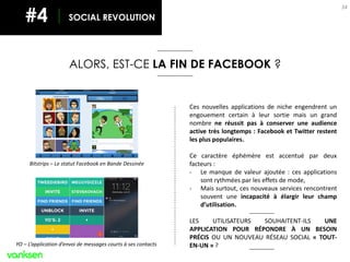 34
SOCIAL REVOLUTION#4
ALORS, EST-CE LA FIN DE FACEBOOK ?
Ces nouvelles applications de niche engendrent un
engouement certain à leur sortie mais un grand
nombre ne réussit pas à conserver une audience
active très longtemps : Facebook et Twitter restent
les plus populaires.
Ce caractère éphémère est accentué par deux
facteurs :
- Le manque de valeur ajoutée : ces applications
sont rythmées par les effets de mode,
- Mais surtout, ces nouveaux services rencontrent
souvent une incapacité à élargir leur champ
d’utilisation.
LES UTILISATEURS SOUHAITENT-ILS UNE
APPLICATION POUR RÉPONDRE À UN BESOIN
PRÉCIS OU UN NOUVEAU RÉSEAU SOCIAL « TOUT-
EN-UN » ?
Bitstrips – Le statut Facebook en Bande Dessinée
YO – L’application d’envoi de messages courts à ses contacts
 