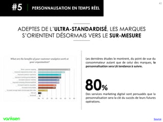 41
PERSONNALISATION EN TEMPS RÉEL#5
Les dernières études le montrent, du point de vue du
consommateur autant que de celui des marques, la
personnalisation sera LA tendance à suivre.
ADEPTES DE L’ULTRA-STANDARDISÉ, LES MARQUES
S’ORIENTENT DÉSORMAIS VERS LE SUR-MESURE
80%
Des services marketing digital sont persuadés que la
personnalisation sera la clé du succès de leurs futures
opérations.
Source
 