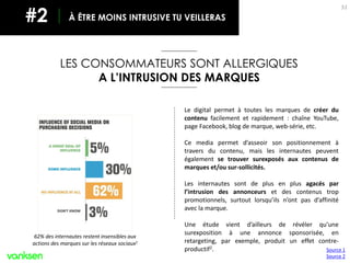 51
Le digital permet à toutes les marques de créer du
contenu facilement et rapidement : chaîne YouTube,
page Facebook, blog de marque, web-série, etc.
Ce media permet d’asseoir son positionnement à
travers du contenu, mais les internautes peuvent
également se trouver surexposés aux contenus de
marques et/ou sur-sollicités.
Les internautes sont de plus en plus agacés par
l’intrusion des annonceurs et des contenus trop
promotionnels, surtout lorsqu’ils n’ont pas d’affinité
avec la marque.
Une étude vient d’ailleurs de révéler qu’une
surexposition à une annonce sponsorisée, en
retargeting, par exemple, produit un effet contre-
productif2.
LES CONSOMMATEURS SONT ALLERGIQUES
A L’INTRUSION DES MARQUES
À ÊTRE MOINS INTRUSIVE TU VEILLERAS#2
Source 1
Source 2
62% des internautes restent insensibles aux
actions des marques sur les réseaux sociaux1
 