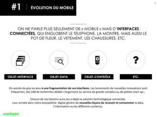 MOBILE
9
ON NE PARLE PLUS SEULEMENT DE « MOBILE » MAIS D’INTERFACES
CONNECTÉES, QUI ENGLOBENT LE TELEPHONE, LA MONTRE, MAIS AUSSI LE
POT DE FLEUR, LE VETEMENT, LES CHAUSSURES, ETC.
EVOLUTION DU MOBILE
9
OBJET-INTERFACE OBJET-DATA OBJET-CONTRÔLE
On assiste de plus en plus à une fragmentation de ces interfaces. Les lancements de nouvelles innovations sont
fréquentes, des LAB de recherches dédiés s’organisent au service de grands comptes ou de petites start-up…
Chacun de nos besoins aura (ou a déjà) sa solution technologique connectée.
Leur arrivée dans notre écosystème digital génère de nouvelles façons de recevoir et consommer la data,
l’information ou les différents contenus.
ETC.
ÉVOLUTION DU MOBILE#1
 