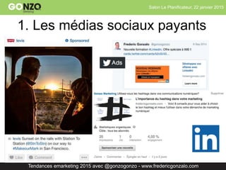 Salon Le Planificateur, 22 janvier 2015
Tendances emarketing 2015 avec @gonzogonzo - www.fredericgonzalo.com
1. Les médias sociaux payants
 