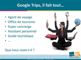 © Centre de compétence Forem Tourisme – Tous droits réservés
Google Trips, il fait tout…
• Agent de voyage
• Office de tourisme
• Super concierge
• Assistant personnel
• Guide touristique
• …
Que nous reste-t-il ?
 