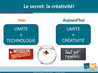© Centre de compétence Forem Tourisme – Tous droits réservés
Le secret: la créativité!
Hier Aujourd’hui
LIMITE
=
TECHNOLOGIE
LIMITE
=
CRÉATIVITÉ
 