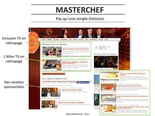 MASTERCHEF
Pas qu’une simple émission

Emission TV en
rattrapage
L’After TV en
rattrapage

Des recettes
sponsorisées

@SarahBerthault - 2011

 