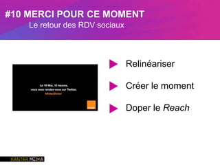 Relinéariser
Créer le moment
Doper le Reach
▶
▶
▶
#10 MERCI POUR CE MOMENT
Le retour des RDV sociaux
 