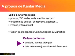 Veille & Analyse Media
▶ presse, TV, radio, web, médias sociaux
▶ organismes publics, entreprises, agences…
▶ France, international
▶ Vision des tendances Communication & Marketing
Cellule contenus
▶ conseils, bonnes pratiques
▶ data ressources journalistes & influenceurs▶
A propos de Kantar Media
 