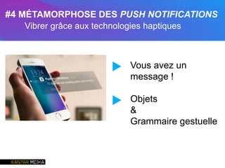 Vous avez un
message !
Objets
&
Grammaire gestuelle
▶
▶
#4 MÉTAMORPHOSE DES PUSH NOTIFICATIONS
Vibrer grâce aux technologies haptiques
 
