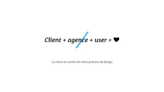 Le client au centre de notre process de design
Client + agence + user = ❤
 