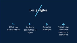 Les 5 règles
1.
Définir une
heure, un lieu
2.
Définir le
périmètre des
sujets
3.
Timer les
échanges
4.
Produire des
feedbacks
concrets et
activables
 
