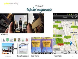 PENDANT

                           Réalité augmentée




wikitude




    19/06/2011   Google goggles   Wordlens     hotelhotel   12
 