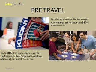 PRE TRAVEL
                                                 Les sites web sont en tête des sources
                                                 d’information sur les vacances (91%).
                                                 Guy Raffour Interactif




Seuls 10% des Français passent par des
professionnels dans l’organisation de leurs
vacances ( en France). Eurostaf 2008
                                              www.microsoft.com/surface installé dans les hôtels Sheraton



     19/06/2011                                                                                             4
 