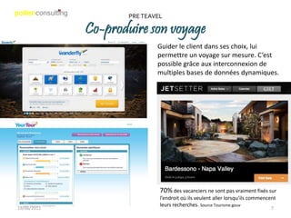PRE TEAVEL

             Co-produire son voyage
                            Guider le client dans ses choix, lui
                            permettre un voyage sur mesure. C’est
                            possible grâce aux interconnexion de
                            multiples bases de données dynamiques.




                             70% des vacanciers ne sont pas vraiment fixés sur
                             l’endroit où ils veulent aller lorsqu’ils commencent
                             leurs recherches. Source Tourisme.gouv
19/06/2011                                                                    7
 