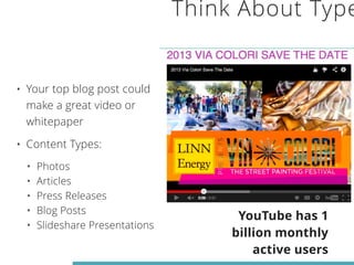 Think About Types • Your top blog post could 
make a great video or 
whitepaper 
• Content Types: 
• Photos 
• Articles 
• Press Releases 
• Blog Posts 
• Slideshare Presentations 
YouTube has 1 
billion monthly 
active users 
 