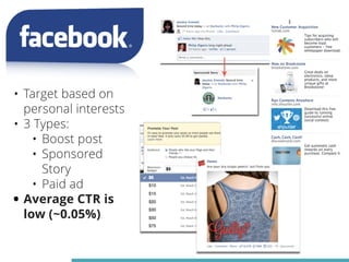 • Target based on 
personal interests 
• 3 Types: 
• Boost post 
• Sponsored 
Story 
• Paid ad 
• Average CTR is 
low (~0.05%) 
 