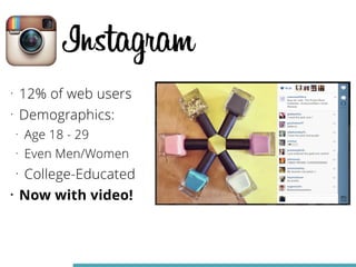 • 12% of web users 
• Demographics: 
• Age 18 - 29 
• Even Men/Women 
• College-Educated 
• Now with video! 
 