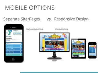 MOBILE OPTIONS 
Separate Site/Pages vs. Responsive Design 
m.ymcahouston.org cmhouston.org 
 