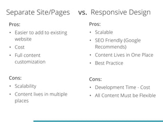 Separate Site/Pages vs. Responsive Design 
Pros: 
• Easier to add to existing 
website 
• Cost 
• Full content 
customization 
! 
Cons: 
• Scalability 
• Content lives in multiple 
places 
Pros: 
• Scalable 
• SEO Friendly (Google 
Recommends) 
• Content Lives in One Place 
• Best Practice 
! 
Cons: 
• Development Time - Cost 
• All Content Must be Flexible 
 