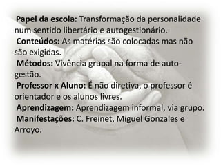 Papel da escola: Transformação da personalidade
num sentido libertário e autogestionário.
 Conteúdos: As matérias são colocadas mas não
são exigidas.
 Métodos: Vivência grupal na forma de auto-
gestão.
 Professor x Aluno: É não diretiva, o professor é
orientador e os alunos livres.
 Aprendizagem: Aprendizagem informal, via grupo.
 Manifestações: C. Freinet, Miguel Gonzales e
Arroyo.
 