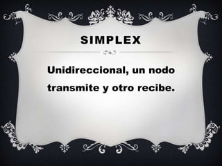 SIMPLEX

Unidireccional, un nodo
transmite y otro recibe.
 