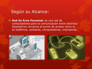 Según su Alcance:

 Red de Área Personal: es una red de
  computadoras para la comunicación entre distintos
  dispositivos cercanos al punto de acceso como lo
  es teléfonos, celulares, computadoras, impresoras.
 