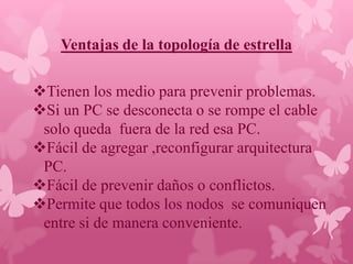 Ventajas de la topología de estrella

Tienen los medio para prevenir problemas.
Si un PC se desconecta o se rompe el cable
 solo queda fuera de la red esa PC.
Fácil de agregar ,reconfigurar arquitectura
 PC.
Fácil de prevenir daños o conflictos.
Permite que todos los nodos se comuniquen
 entre si de manera conveniente.
 