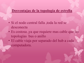 Desventajas de la topología de estrella


• Si el nodo central falla ,toda la red se
  desconecta
• Es costosa ,ya que requiere mas cable que las
  topologías bus o anillo
• El cable viaja por separado del hub a cada
  computadora.
 