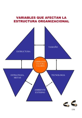 VARIABLES QUE AFECTAN LA  ESTRUCTURA ORGANIZACIONAL   LIDERAZGO CULTURA VALORES ESTRUCTURA ESTRATEGIA, METAS AMBIENTE EXTERNO TECNOLOGIA TAMAÑO 