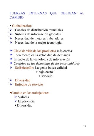 FUERZAS EXTERNAS QUE OBLIGAN AL CAMBIO Globalización      Canales de distribución mundiales      Sistema de información globales      Necesidad de mejores trabajadores      Necesidad de la mejor tecnología   Ciclo de vida de los productos  más cortos Incremento en la velocidad de demanda Impacto de la tecnología de información Cambios en las demandas de los consumidores       Sofisticación : La gente busca calidad   + bajo costo + servicio      Diversidad      Enfoque de servicio Cambio en los trabajadores Valores Experiencia Diversidad   
