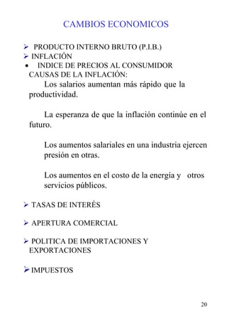 CAMBIOS ECONOMICOS        PRODUCTO INTERNO BRUTO (P.I.B.)      INFLACIÓN          INDICE DE PRECIOS AL CONSUMIDOR CAUSAS DE LA INFLACIÓN: Los salarios aumentan más rápido que la  productividad.   La esperanza de que la inflación continúe en el  futuro.   Los aumentos salariales en una industria ejercen  presión en otras.   Los aumentos en el costo de la energía y  otros  servicios públicos.        TASAS DE INTERÉS        APERTURA COMERCIAL        POLITICA DE IMPORTACIONES Y EXPORTACIONES      IMPUESTOS       