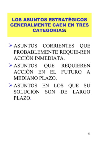 LOS ASUNTOS ESTRATÉGICOS GENERALMENTE CAEN EN TRES CATEGORIAS : ASUNTOS CORRIENTES QUE PROBABLEMENTE REQUIE-REN ACCIÓN INMEDIATA. ASUNTOS QUE REQUIEREN ACCIÓN EN EL FUTURO A MEDIANO PLAZO. ASUNTOS EN LOS QUE SU SOLUCIÓN SON DE LARGO PLAZO .  