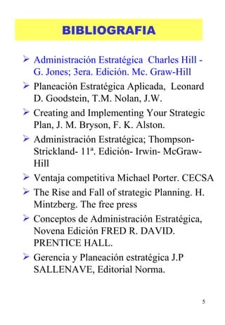 BIBLIOGRAFIA Administración Estratégica  Charles Hill - G. Jones; 3era. Edición. Mc. Graw-Hill Planeación Estratégica Aplicada,  Leonard D. Goodstein, T.M. Nolan, J.W. Creating and Implementing Your Strategic Plan, J. M. Bryson, F. K. Alston. Administración Estratégica; Thompson- Strickland- 11ª. Edición- Irwin- McGraw-Hill  Ventaja competitiva  Michael Porter .  CECSA The Rise and Fall of strategic Planning.   H. Mintzberg. The free press  Conceptos de Administración Estratégica, Novena Edición FRED R. DAVID .  PRENTICE HALL. Gerencia y Planeación estratégica J.P SALLENAVE, Editorial Norma.   