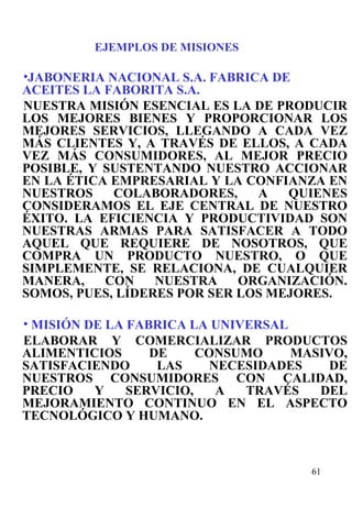 EJEMPLOS DE MISIONES JABONERÍA NACIONAL S.A. FABRICA DE ACEITES LA FABORITA S.A. NUESTRA MISIÓN ESENCIAL ES LA DE PRODUCIR LOS MEJORES BIENES Y PROPORCIONAR LOS MEJORES SERVICIOS, LLEGANDO A CADA VEZ MÁS CLIENTES Y, A TRAVÉS DE ELLOS, A CADA VEZ MÁS CONSUMIDORES, AL MEJOR PRECIO POSIBLE, Y SUSTENTANDO NUESTRO ACCIONAR EN LA ÉTICA EMPRESARIAL Y LA CONFIANZA EN NUESTROS COLABORADORES, A QUIENES CONSIDERAMOS EL EJE CENTRAL DE NUESTRO ÉXITO. LA EFICIENCIA Y PRODUCTIVIDAD SON NUESTRAS ARMAS PARA SATISFACER A TODO AQUEL QUE REQUIERE DE NOSOTROS, QUE COMPRA UN PRODUCTO NUESTRO, O QUE SIMPLEMENTE, SE RELACIONA, DE CUALQUIER MANERA, CON NUESTRA ORGANIZACIÓN. SOMOS, PUES, LÍDERES POR SER LOS MEJORES. MISIÓN DE LA FABRICA LA UNIVERSAL ELABORAR Y COMERCIALIZAR PRODUCTOS ALIMENTICIOS DE CONSUMO MASIVO, SATISFACIENDO LAS NECESIDADES DE NUESTROS CONSUMIDORES CON CALIDAD, PRECIO Y SERVICIO, A TRAVÉS DEL MEJORAMIENTO CONTINUO EN EL ASPECTO TECNOLÓGICO Y HUMANO. 