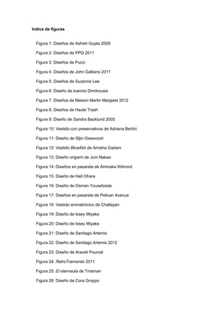 Indice de figuras
Figura 1: Diseños de Ashish Gupta 2009
Figura 2: Diseños de PPQ 2011
Figura 3: Diseños de Pucci
Figura 4: Diseños de John Galliano 2011
Figura 5: Diseños de Suzanne Lee
Figura 6: Diseño de Ioannis Dimitrousis
Figura 7: Diseños de Maison Martin Margiela 2012
Figura 8: Diseños de Haute Trash
Figura 9: Diseño de Sandra Backlund 2005
Figura 10: Vestido con preservativos de Adriana Bertini
Figura 11: Diseño de Stjin Ossevoort
Figura 12: Vestido Blowfish de Amisha Gadani
Figura 13: Diseño origami de Jum Nakao
Figura 14: Diseños en pasarela de Aminaka Wilmont
Figura 15: Diseño de Hall Ohara
Figura 16: Diseño de Osman Yousefzada
Figura 17: Diseños en pasarela de Pelican Avenue
Figura 18: Vestido animatrónico de Challayan
Figura 19: Diseño de Issey Miyake
Figura 20: Diseño de Issey Miyake
Figura 21: Diseño de Santiago Artemis
Figura 22: Diseño de Santiago Artemis 2012
Figura 23: Diseño de Araceli Pourcel
Figura 24: RetroTramando 2011
Figura 25: El eternauta de Trosman
Figura 26: Diseño de Cora Groppo
 