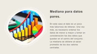 Mediana para datos
pares.
En este caso el dato es un poco
más laborioso de obtener. Una vez
más, es necesario ordenar los
datos de menor a mayor y tomar en
consideración los dos datos que
quedan en el centro del conjunto.
La mediana se obtiene al sacar
promedio de los dos valores
centrales.
 