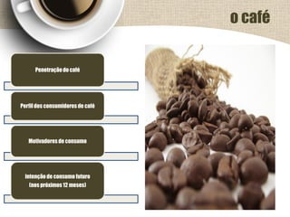 Penetraçãodo café
Perfil dos consumidores de café
Motivadoresde consumo
intenção de consumo futuro
(nos próximos 12 meses)
o café
 
