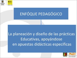 ENFÓQUE PEDAGÓGICO La planeación y diseño de las prácticas  Educativas, apoyándose  en apuestas didácticas especificas 