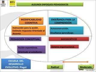 ALGUNOS ENFOQUES PEDAGOGICOS Radical Moderado ESCUELA  DEL DESARROLLO EVOLUTIVO. Piaget MODIFICABILIDAD COGNITIVA ENSEÑANZA PARA LA COMPRENSIÓN SOCIOCRÍTICO PEDAGOGÍA CONCEPTUAL Instrucción para la acción. Estímulo respuesta Orientado al docente Autoconstrucción. Enseñanza aprendizaje. Acción espontánea. Orientado al estudiante Sistema organizacional. 