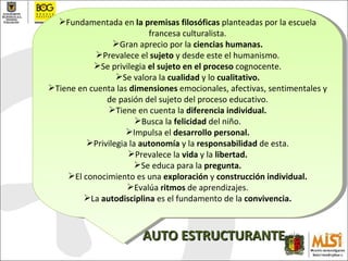 Fundamentada en  la premisas filosóficas  planteadas por la escuela francesa culturalista. Gran aprecio por la  ciencias humanas. Prevalece el  sujeto  y desde este el humanismo. Se privilegia  el sujeto en el proceso  cognocente. Se valora la  cualidad  y lo  cualitativo. Tiene en cuenta las  dimensiones  emocionales, afectivas, sentimentales y de pasión del sujeto del proceso educativo. Tiene en cuenta la  diferencia individual. Busca la  felicidad  del niño. Impulsa el  desarrollo personal. Privilegia la  autonomía  y la  responsabilidad  de esta. Prevalece la  vida  y la  libertad. Se educa para la  pregunta. El conocimiento es una  exploración  y  construcción individual. Evalúa  ritmos  de aprendizajes. La  autodisciplina  es el fundamento de la  convivencia. AUTO ESTRUCTURANTE 